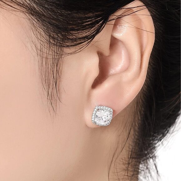 Women's Square Birthstone Cubic Zirconia Mall Dainty Silver Elegant Earring - Picture 3 of 6